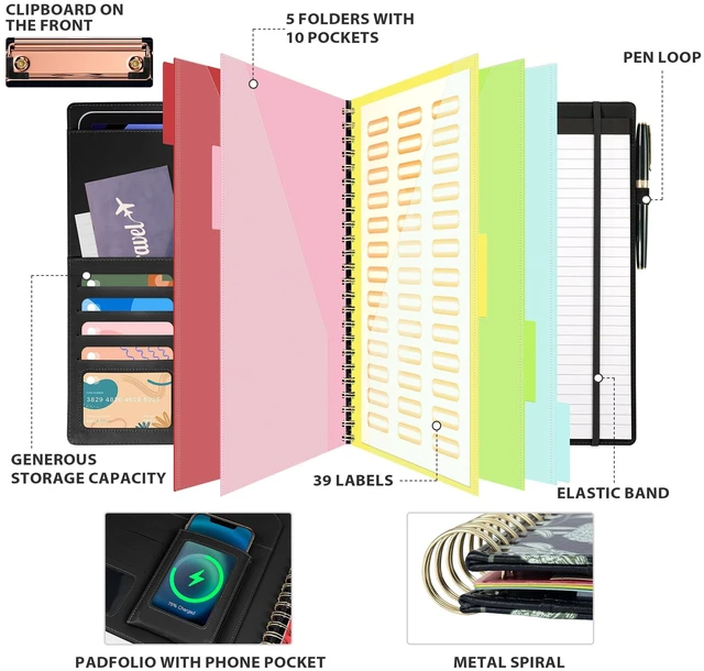 Alt view image 3 of 6 - Clipboard with Storage for Women, Leather Padfolio Portfolio Organizer 5 Folders with 10 Pockets, Spiral Clipboard Folio with Notepad for Letter Size, Elastic Closure and Pen Loop Floral
