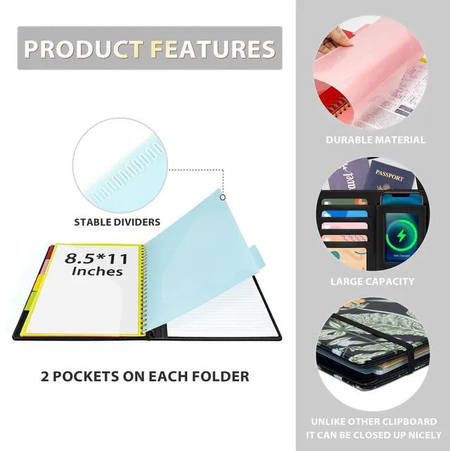 Alt view image 4 of 6 - Clipboard with Storage for Women, Leather Padfolio Portfolio Organizer 5 Folders with 10 Pockets, Spiral Clipboard Folio with Notepad for Letter Size, Elastic Closure and Pen Loop Floral