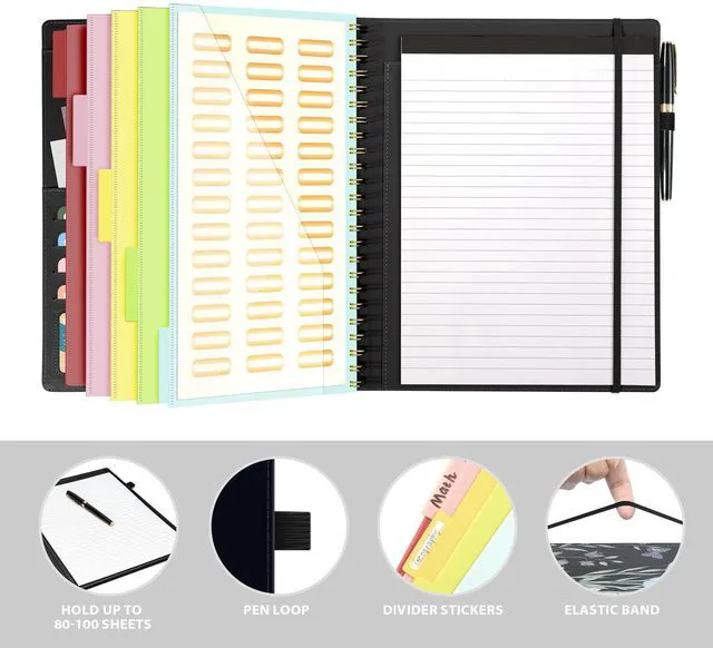 Alt view image 6 of 6 - Clipboard with Storage for Women, Leather Padfolio Portfolio Organizer 5 Folders with 10 Pockets, Spiral Clipboard Folio with Notepad for Letter Size, Elastic Closure and Pen Loop Floral