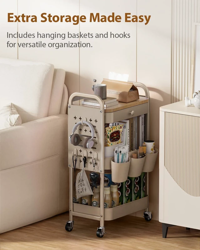 Alt view image 2 of 7 - 3 Tier Metal Rolling Cart with Drawer,Wood Top,Pegboards,Khaki Storage Utility Cart with Drawers,Pegboards,Lockable Wheels,Baskets,Hooks for Kitchen,Office,Bedroom,DIY Supplies