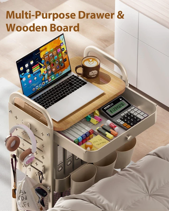Alt view image 3 of 7 - 3 Tier Metal Rolling Cart with Drawer,Wood Top,Pegboards,Khaki Storage Utility Cart with Drawers,Pegboards,Lockable Wheels,Baskets,Hooks for Kitchen,Office,Bedroom,DIY Supplies
