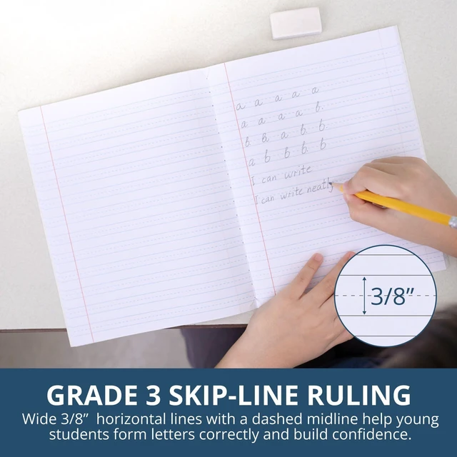 Alt view image 2 of 6 - Primary Composition Book, Handwriting Notebook for Kids (K - 3rd Grade), Grade 3 Ruled, 3/8" Skip-Line Manuscript Paper, Flexible Cover, 9.75" x 7.5", 50 Sheets/100 Pages, 12 Pack