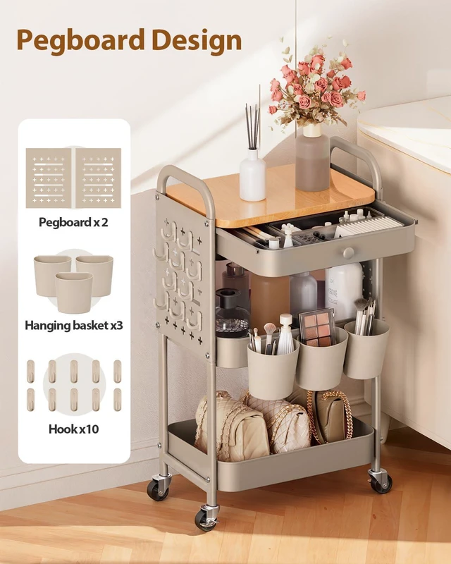 Alt view image 4 of 7 - 3 Tier Metal Rolling Cart with Drawer,Wood Top,Pegboards,Khaki Storage Utility Cart with Drawers,Pegboards,Lockable Wheels,Baskets,Hooks for Kitchen,Office,Bedroom,DIY Supplies