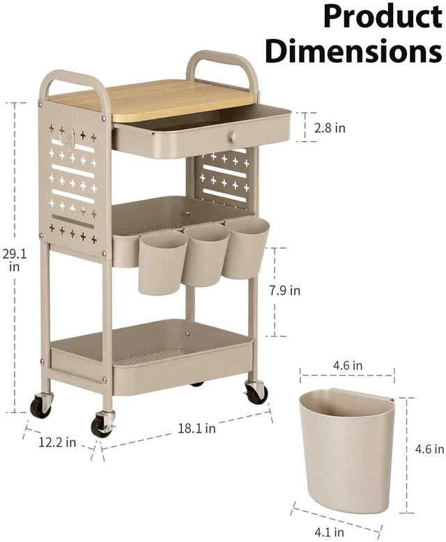Alt view image 5 of 7 - 3 Tier Metal Rolling Cart with Drawer,Wood Top,Pegboards,Khaki Storage Utility Cart with Drawers,Pegboards,Lockable Wheels,Baskets,Hooks for Kitchen,Office,Bedroom,DIY Supplies