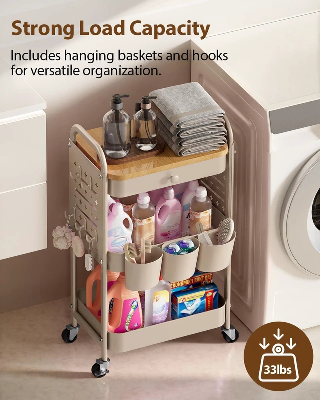 Alt view image 6 of 7 - 3 Tier Metal Rolling Cart with Drawer,Wood Top,Pegboards,Khaki Storage Utility Cart with Drawers,Pegboards,Lockable Wheels,Baskets,Hooks for Kitchen,Office,Bedroom,DIY Supplies