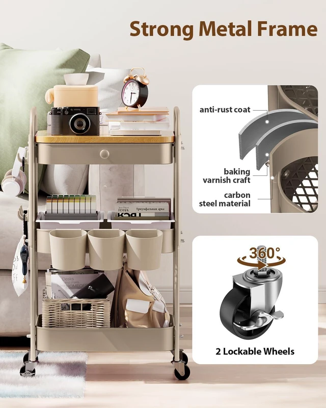 Alt view image 7 of 7 - 3 Tier Metal Rolling Cart with Drawer,Wood Top,Pegboards,Khaki Storage Utility Cart with Drawers,Pegboards,Lockable Wheels,Baskets,Hooks for Kitchen,Office,Bedroom,DIY Supplies
