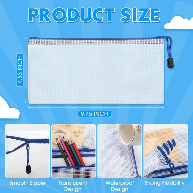 Alt view image 2 of 7 - 100Pcs Mesh Pencil Pouch,White Pouch Blue Zipper,A6 Small Zipper Pencil Pouches Bulk, Waterproof Clear Storage Bag, Multipurpose for Cash Board Game Passport Office