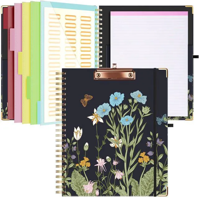 Main image of Clipboard with Storage 8.5 X 11Padfolio Organizer, Spiral Portfolio Letter Size with Notepad, Pen Holder, 5 Extra Folder Divider Pages, Elastic Closure Nurse Essentials (Night Flowers)