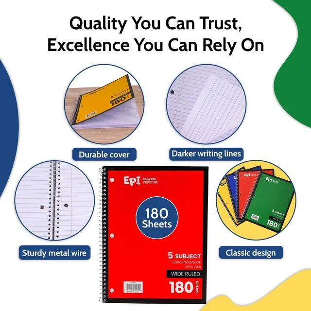 Alt view image 2 of 7 - Spiral Notebook | 5 Subject - Wide Ruled - 180 Sheets, Durable Spiral Binding | 10.5 x 8 in | Classroom Supplies | School, Office, Note Taking, Journaling - 24 Pack