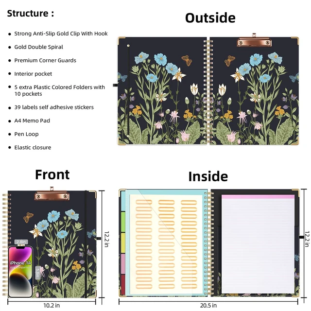 Alt view image 2 of 6 - Clipboard with Storage 8.5 X 11Padfolio Organizer, Spiral Portfolio Letter Size with Notepad, Pen Holder, 5 Extra Folder Divider Pages, Elastic Closure Nurse Essentials (Night Flowers)