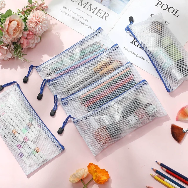 Alt view image 7 of 7 - 100Pcs Mesh Pencil Pouch,White Pouch Blue Zipper,A6 Small Zipper Pencil Pouches Bulk, Waterproof Clear Storage Bag, Multipurpose for Cash Board Game Passport Office