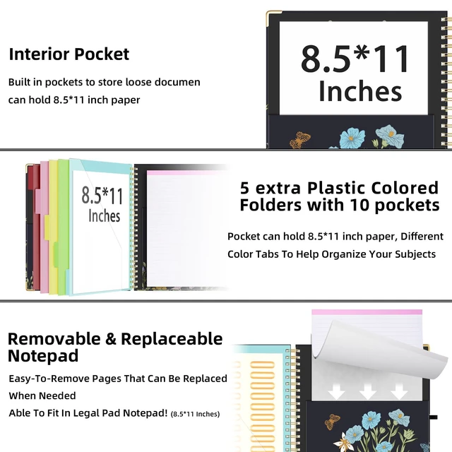 Alt view image 4 of 6 - Clipboard with Storage 8.5 X 11Padfolio Organizer, Spiral Portfolio Letter Size with Notepad, Pen Holder, 5 Extra Folder Divider Pages, Elastic Closure Nurse Essentials (Night Flowers)