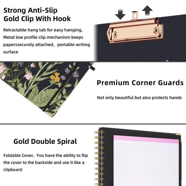 Alt view image 5 of 6 - Clipboard with Storage 8.5 X 11Padfolio Organizer, Spiral Portfolio Letter Size with Notepad, Pen Holder, 5 Extra Folder Divider Pages, Elastic Closure Nurse Essentials (Night Flowers)