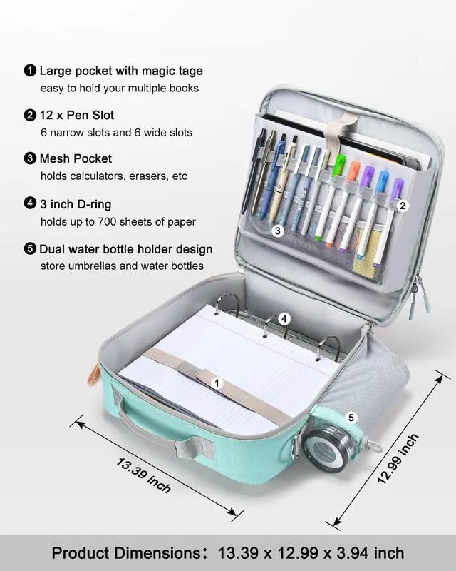 Alt view image 2 of 7 - 3 Inch 3-Ring Zipper Binder with Water Bottle Holder and Handle Zip Up Binder with Shoulder Strap, 700 Sheet Capacity, Compatible with 13" MacBook/Tablet, for School, Office, Light Blue