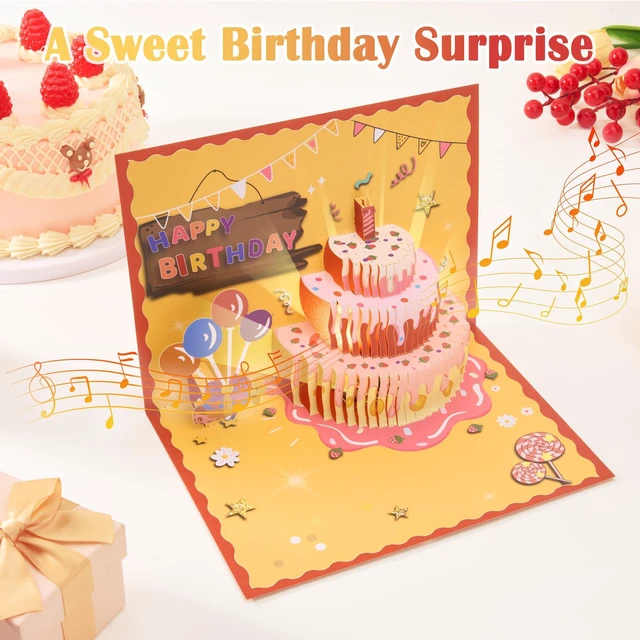 Alt view image 3 of 6 - Pop Up Birthday Cards for Women with Music & LED Lights 3D Interactive Birthday Greeting Card with Strawberry Cake Unique Birthday Gifts for Women, Men, Kids, Mom, Dad, Friends
