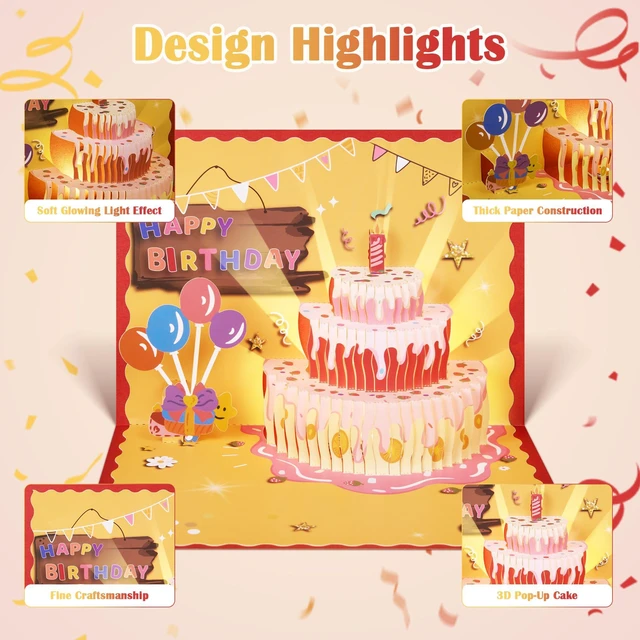 Alt view image 4 of 6 - Pop Up Birthday Cards for Women with Music & LED Lights 3D Interactive Birthday Greeting Card with Strawberry Cake Unique Birthday Gifts for Women, Men, Kids, Mom, Dad, Friends