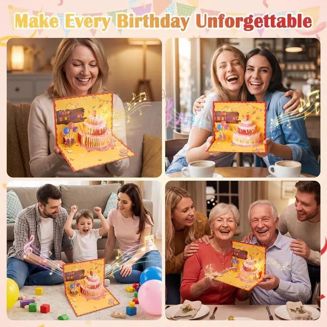 Alt view image 5 of 6 - Pop Up Birthday Cards for Women with Music & LED Lights 3D Interactive Birthday Greeting Card with Strawberry Cake Unique Birthday Gifts for Women, Men, Kids, Mom, Dad, Friends