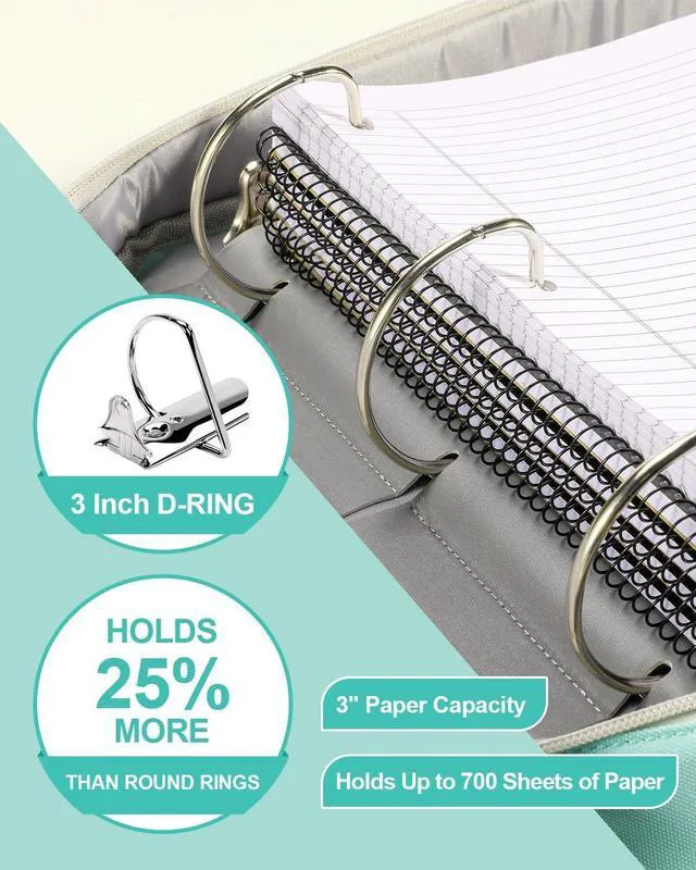 Alt view image 7 of 7 - 3 Inch 3-Ring Zipper Binder with Water Bottle Holder and Handle Zip Up Binder with Shoulder Strap, 700 Sheet Capacity, Compatible with 13" MacBook/Tablet, for School, Office, Light Blue