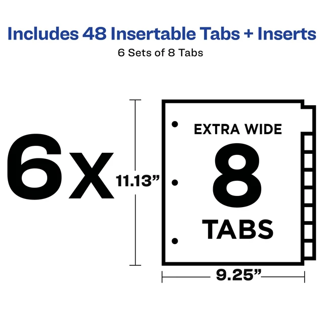 Alt view image 3 of 7 - Big Tab Extra-Wide Insertable Dividers, 8-Tab, Color, 6 Sets For Organizing Reports and Projects, White Dividers, 3-Hole Punched, Printable Laser & Inkjet Inserts, For 3-Ring Binders