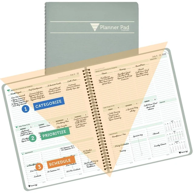 Main image of Spiral Bound July 2026 June 2027 / Academic Year 8 1/2" x 11" Large 3-Tier Funnel Down 12 Month/Weekly Organizer, Greenish Grey Cover/Soft Green Ink