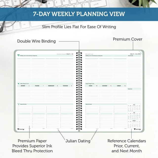 Alt view image 4 of 6 - Spiral Bound July 2026 June 2027 / Academic Year 8 1/2" x 11" Large 3-Tier Funnel Down 12 Month/Weekly Organizer, Greenish Grey Cover/Soft Green Ink
