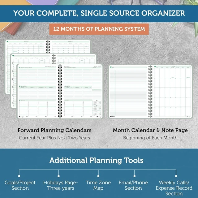 Alt view image 5 of 6 - Spiral Bound July 2026 June 2027 / Academic Year 8 1/2" x 11" Large 3-Tier Funnel Down 12 Month/Weekly Organizer, Greenish Grey Cover/Soft Green Ink