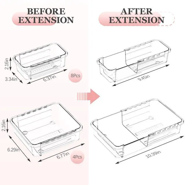 Alt view image 2 of 7 - 12 Pcs Clear Extendable Drawer Organizer, Adjustable Drawer Storage 2-Size Desk Drawer Organizer, Plastic Non-Slip Storage Bins for Makeup Cosmetic Jewelries Utensils Stationery Dressers Tool