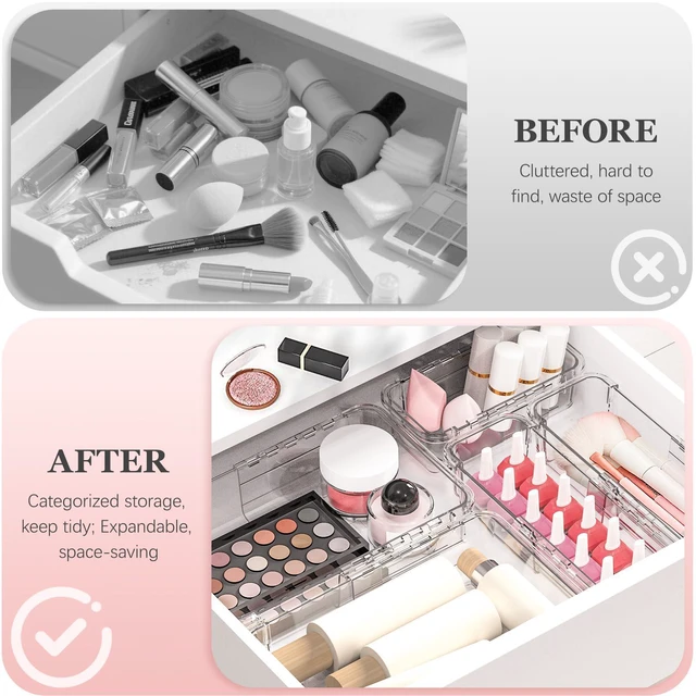 Alt view image 3 of 7 - 12 Pcs Clear Extendable Drawer Organizer, Adjustable Drawer Storage 2-Size Desk Drawer Organizer, Plastic Non-Slip Storage Bins for Makeup Cosmetic Jewelries Utensils Stationery Dressers Tool