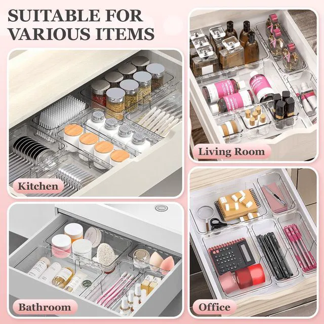Alt view image 4 of 7 - 12 Pcs Clear Extendable Drawer Organizer, Adjustable Drawer Storage 2-Size Desk Drawer Organizer, Plastic Non-Slip Storage Bins for Makeup Cosmetic Jewelries Utensils Stationery Dressers Tool
