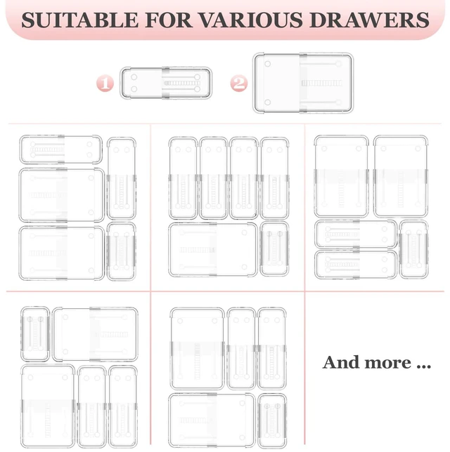 Alt view image 7 of 7 - 12 Pcs Clear Extendable Drawer Organizer, Adjustable Drawer Storage 2-Size Desk Drawer Organizer, Plastic Non-Slip Storage Bins for Makeup Cosmetic Jewelries Utensils Stationery Dressers Tool