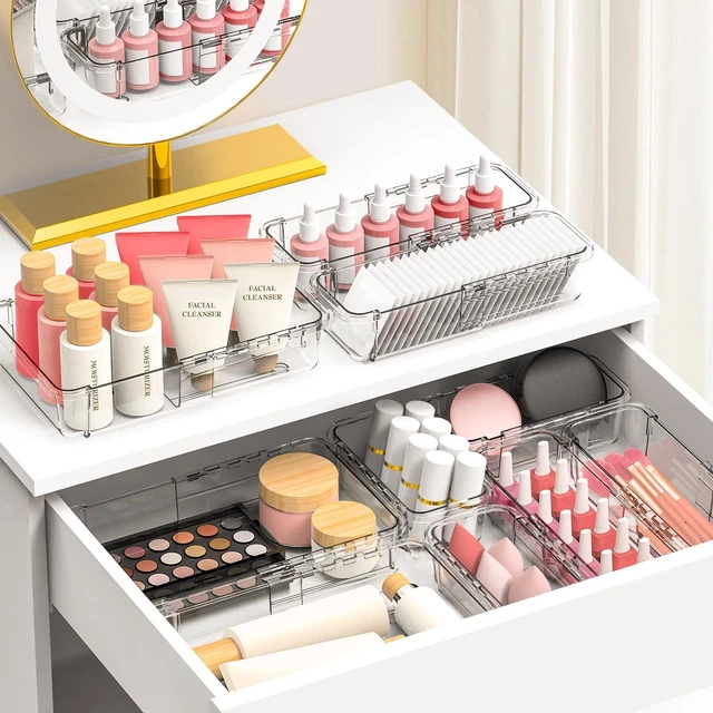 Alt view image 6 of 7 - 12 Pcs Clear Extendable Drawer Organizer, Adjustable Drawer Storage 2-Size Desk Drawer Organizer, Plastic Non-Slip Storage Bins for Makeup Cosmetic Jewelries Utensils Stationery Dressers Tool