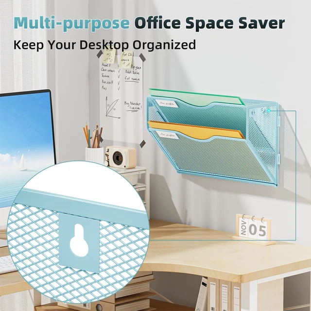 Alt view image 2 of 7 - Wall File Holder 2-Tier Hanging Wall File Organizer, Mesh Mail Holder for Papers, Wall Mount File Clipboard & Magazine Organizer Great for Office Home - 2P(Blue)