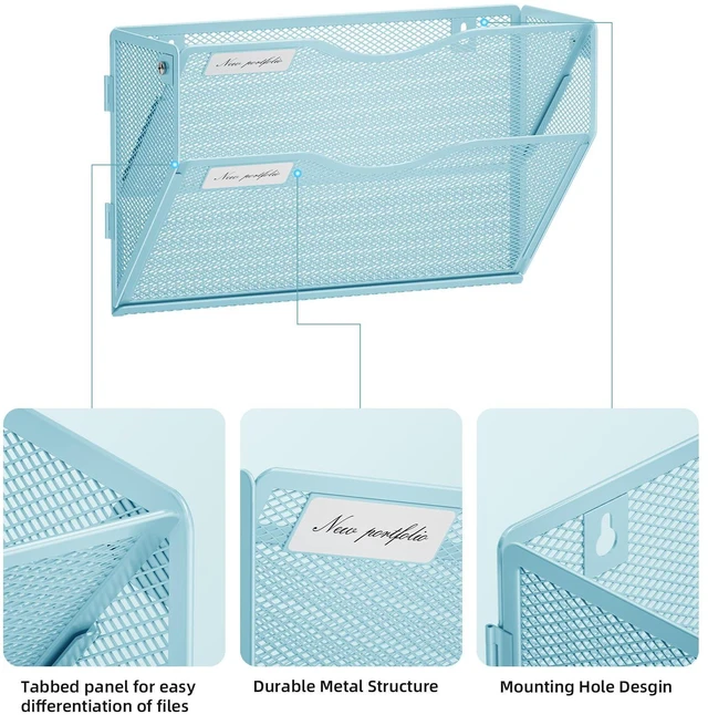 Alt view image 3 of 7 - Wall File Holder 2-Tier Hanging Wall File Organizer, Mesh Mail Holder for Papers, Wall Mount File Clipboard & Magazine Organizer Great for Office Home - 2P(Blue)