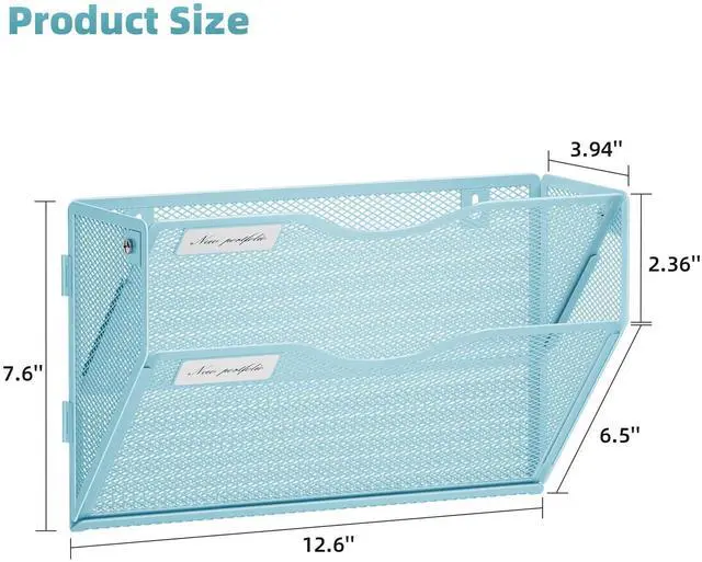 Alt view image 4 of 7 - Wall File Holder 2-Tier Hanging Wall File Organizer, Mesh Mail Holder for Papers, Wall Mount File Clipboard & Magazine Organizer Great for Office Home - 2P(Blue)