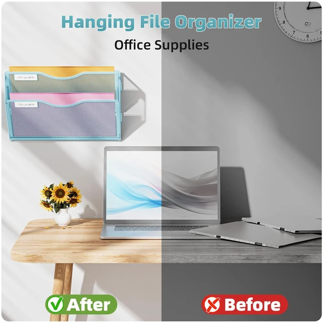 Alt view image 5 of 7 - Wall File Holder 2-Tier Hanging Wall File Organizer, Mesh Mail Holder for Papers, Wall Mount File Clipboard & Magazine Organizer Great for Office Home - 2P(Blue)