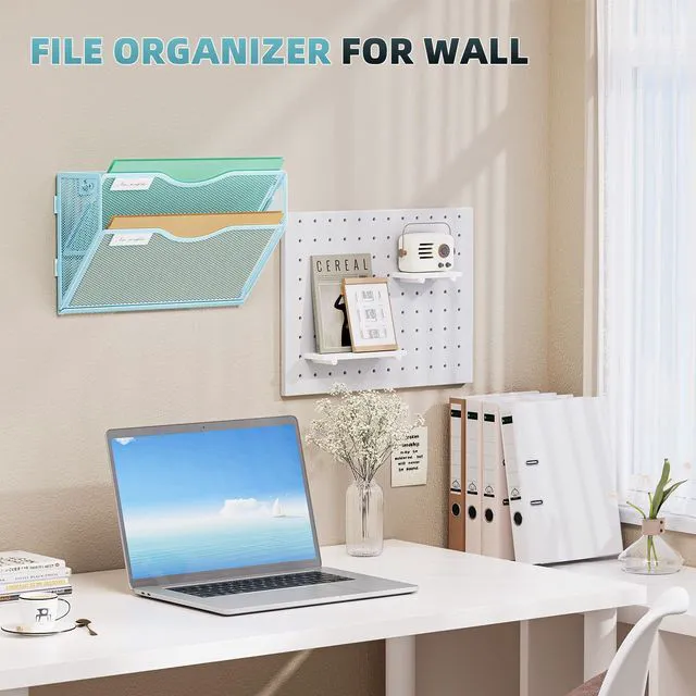Alt view image 6 of 7 - Wall File Holder 2-Tier Hanging Wall File Organizer, Mesh Mail Holder for Papers, Wall Mount File Clipboard & Magazine Organizer Great for Office Home - 2P(Blue)