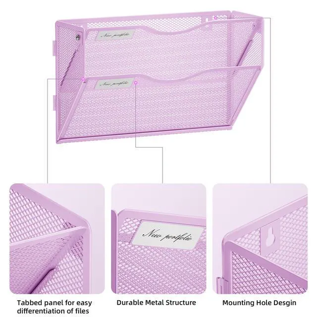 Alt view image 3 of 7 - Wall File Holder 2-Tier Hanging Wall File Organizer, Mesh Mail Holder for Papers, Wall Mount File Clipboard & Magazine Organizer Great for Office Home - 2P(Purple)