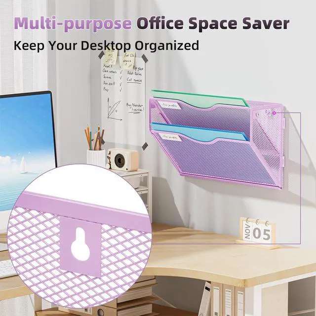 Alt view image 2 of 7 - Wall File Holder 2-Tier Hanging Wall File Organizer, Mesh Mail Holder for Papers, Wall Mount File Clipboard & Magazine Organizer Great for Office Home - 2P(Purple)