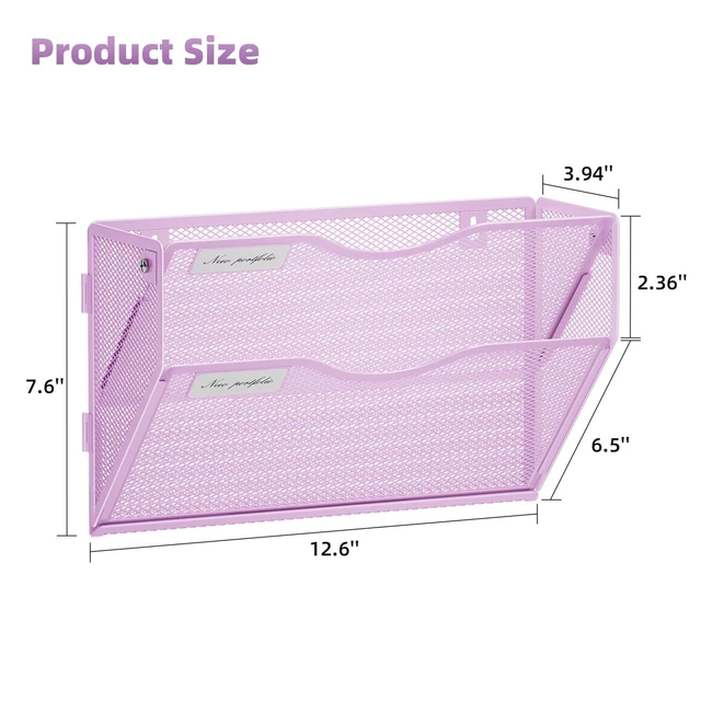 Alt view image 4 of 7 - Wall File Holder 2-Tier Hanging Wall File Organizer, Mesh Mail Holder for Papers, Wall Mount File Clipboard & Magazine Organizer Great for Office Home - 2P(Purple)
