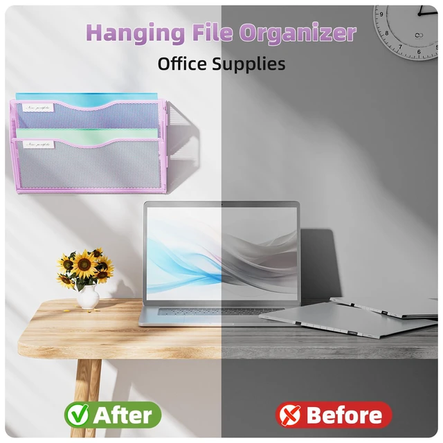 Alt view image 5 of 7 - Wall File Holder 2-Tier Hanging Wall File Organizer, Mesh Mail Holder for Papers, Wall Mount File Clipboard & Magazine Organizer Great for Office Home - 2P(Purple)