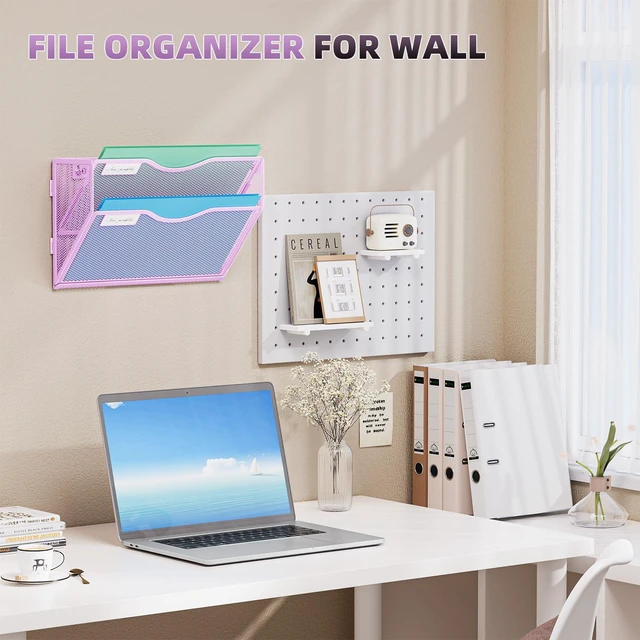 Alt view image 6 of 7 - Wall File Holder 2-Tier Hanging Wall File Organizer, Mesh Mail Holder for Papers, Wall Mount File Clipboard & Magazine Organizer Great for Office Home - 2P(Purple)