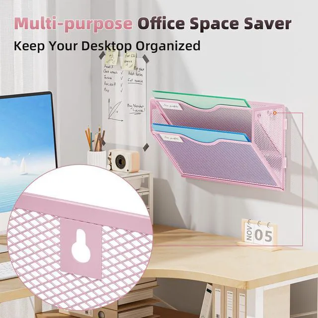 Alt view image 2 of 7 - Wall File Holder 2-Tier Hanging Wall File Organizer, Mesh Mail Holder for Papers, Wall Mount File Clipboard & Magazine Organizer Great for Office Home (Pink)