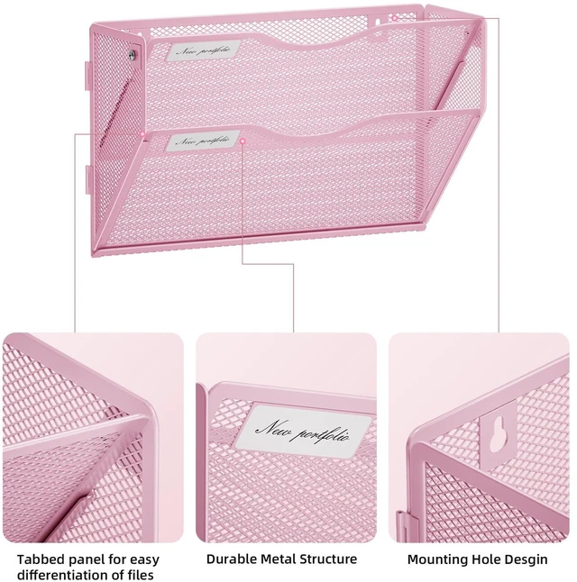Alt view image 3 of 7 - Wall File Holder 2-Tier Hanging Wall File Organizer, Mesh Mail Holder for Papers, Wall Mount File Clipboard & Magazine Organizer Great for Office Home (Pink)