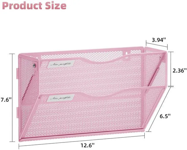 Alt view image 4 of 7 - Wall File Holder 2-Tier Hanging Wall File Organizer, Mesh Mail Holder for Papers, Wall Mount File Clipboard & Magazine Organizer Great for Office Home (Pink)