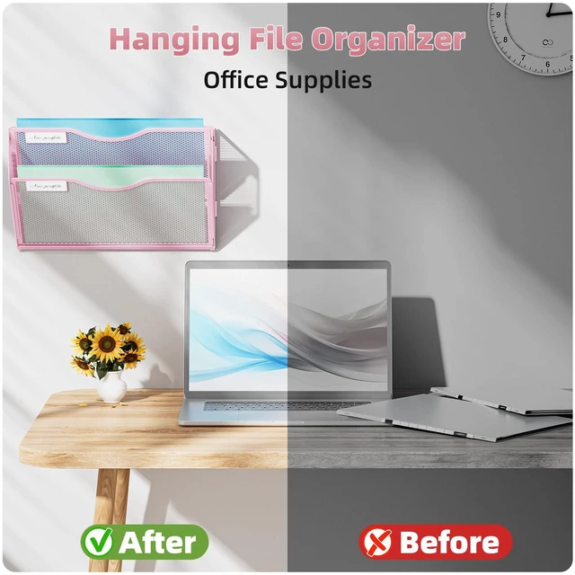 Alt view image 5 of 7 - Wall File Holder 2-Tier Hanging Wall File Organizer, Mesh Mail Holder for Papers, Wall Mount File Clipboard & Magazine Organizer Great for Office Home (Pink)