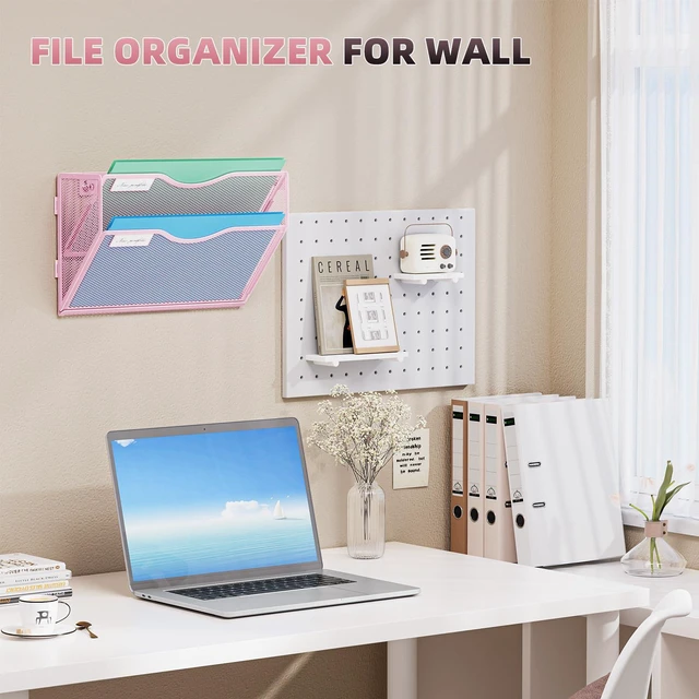 Alt view image 6 of 7 - Wall File Holder 2-Tier Hanging Wall File Organizer, Mesh Mail Holder for Papers, Wall Mount File Clipboard & Magazine Organizer Great for Office Home (Pink)