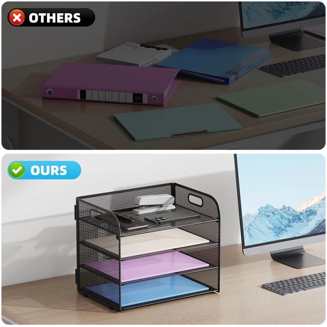 Alt view image 2 of 7 - 2 Pack 4 Tier Paper Organizer Letter Tray - Mesh Desk File Organizer with Handle, Paper Sorter Organizer for Letter/A4 Office File Folder Holder (Black, 12.6" x 9.1" x 10.7")
