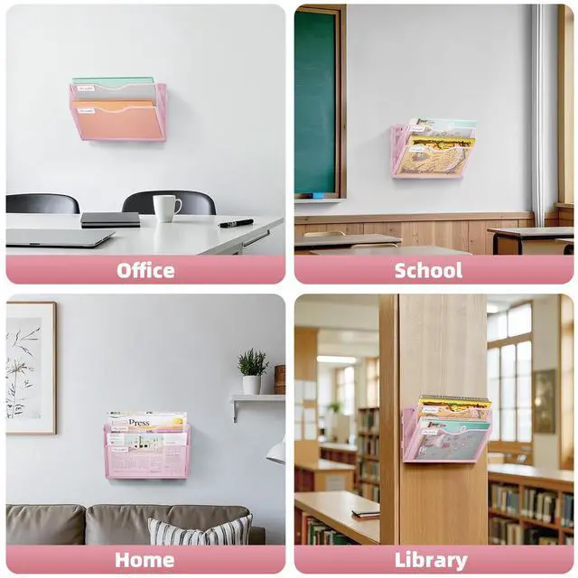 Alt view image 7 of 7 - Wall File Holder 2-Tier Hanging Wall File Organizer, Mesh Mail Holder for Papers, Wall Mount File Clipboard & Magazine Organizer Great for Office Home (Pink)
