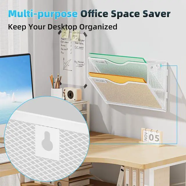 Alt view image 2 of 7 - Wall File Holder 2-Tier Hanging Wall File Organizer, Mesh Mail Holder for Papers, Wall Mount File Clipboard & Magazine Organizer Great for Office Home - 2P(White)
