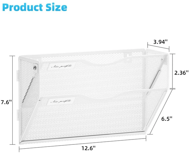 Alt view image 4 of 7 - Wall File Holder 2-Tier Hanging Wall File Organizer, Mesh Mail Holder for Papers, Wall Mount File Clipboard & Magazine Organizer Great for Office Home - 2P(White)